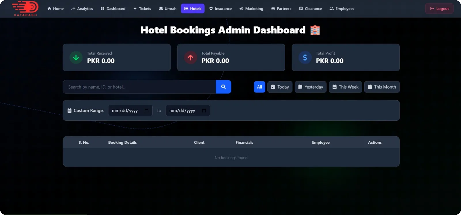 Data Dash hotel bookings module showing total received, total payable and total profit with date range filtering