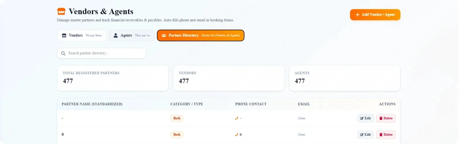Data Dash vendors and agents directory separating vendors the agency pays from agents who pay the agency